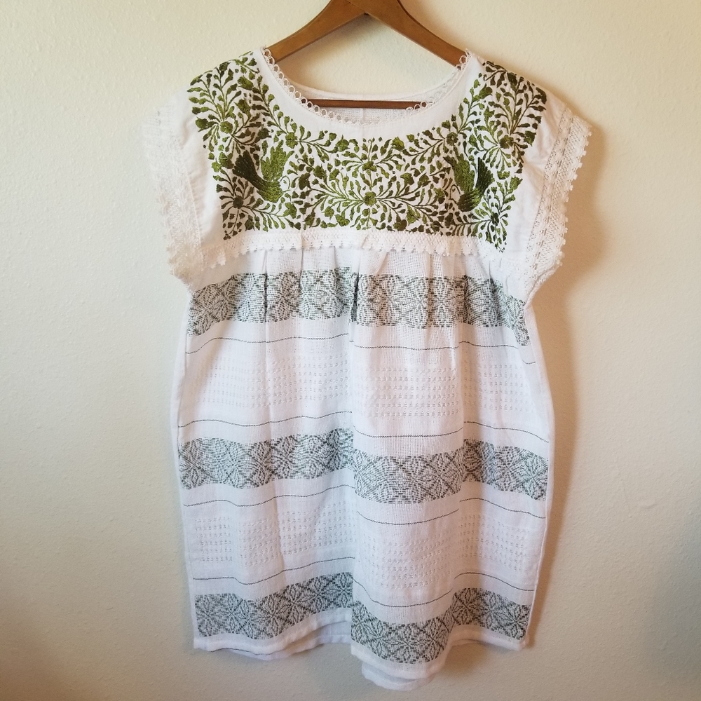 VINTAGE Mexican Embroidered Green & White Dress